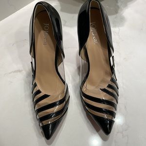 RED SOLES…Sexy Jojo Cat heels: black patent PVC stripe